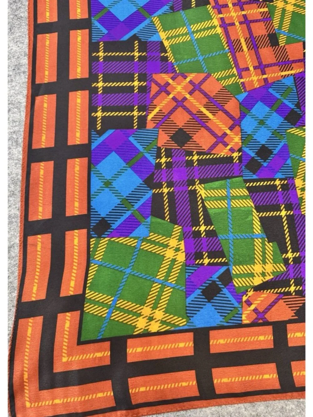 VTG Acute Scarf, Korea, 1980's, Vibrant Multi-Colored Patchwork Plaid 30